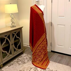 Pakistani ready-to-wear silk embroidered & sequined saree deep red/golden work